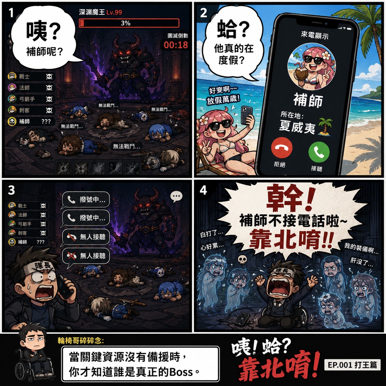 Four-panel comic: the raid boss is at 3%, the whole party is down, and the healer is on a beach in Hawaii, not picking up. Wheelchair Bro mutters: when a key resource has no backup, you find out who the real boss is.