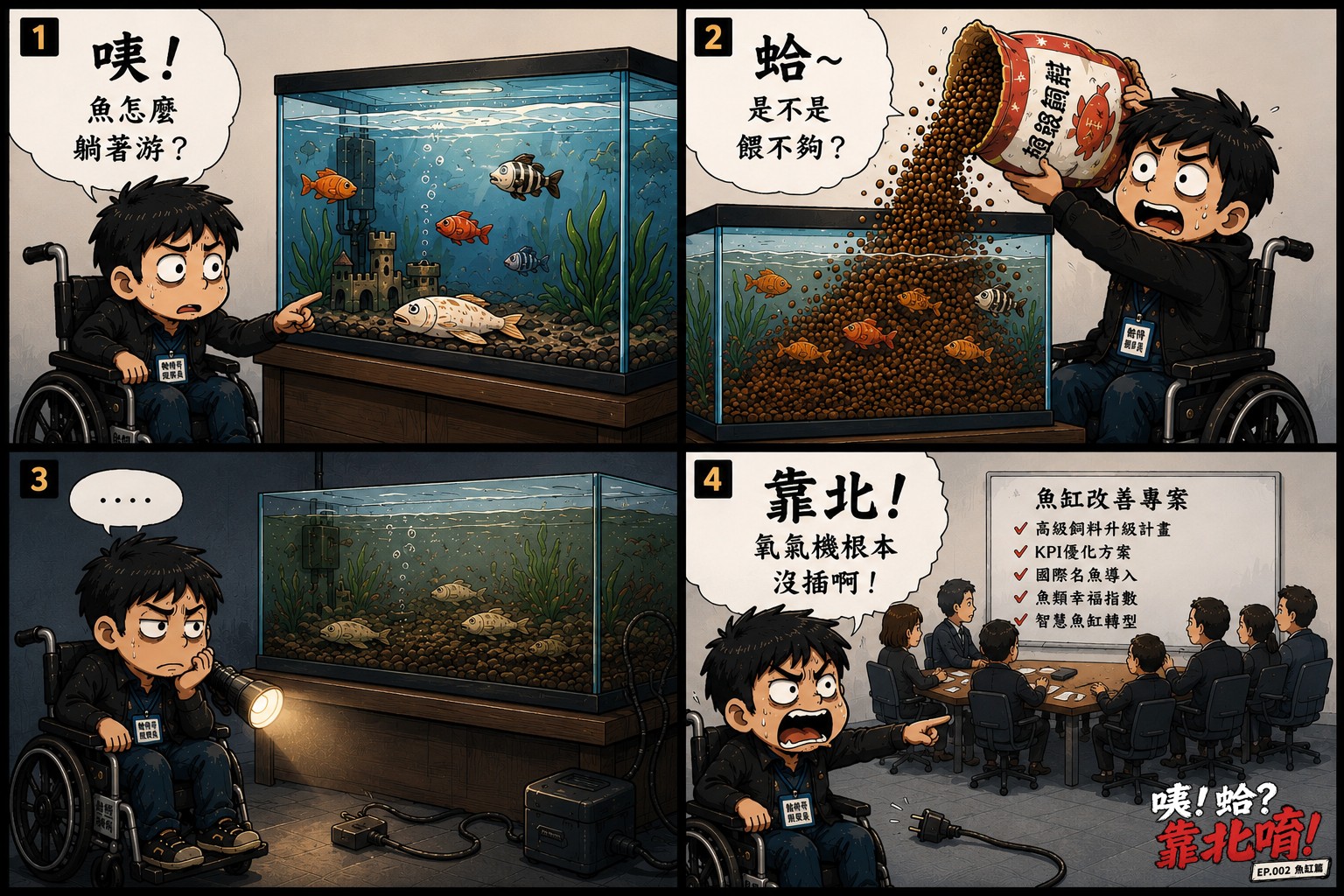 Four-panel comic: the fish are swimming sideways, so Wheelchair Bro pours in more food, then more. The air pump was never plugged in. Meanwhile a meeting discusses the Fish Tank Improvement Project.