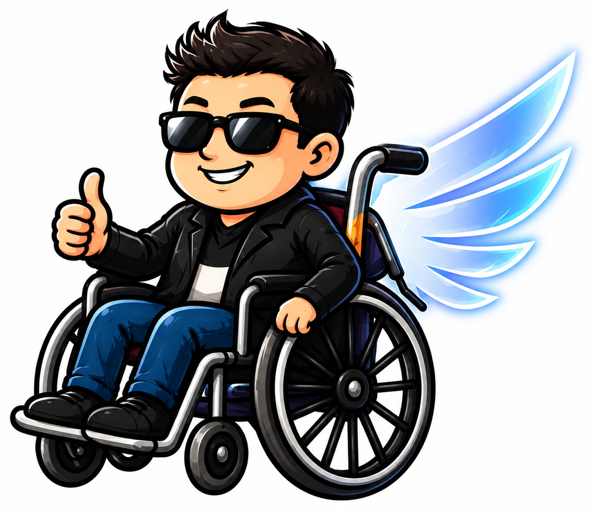 Wheelchair Bro: sunglasses, thumbs up, riding a wheelchair that has grown wings
